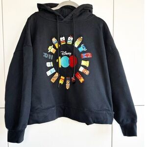 Disney 100 Embroidered Character Sweatshirt Hoodie Cropped Black Pockets Size 1X